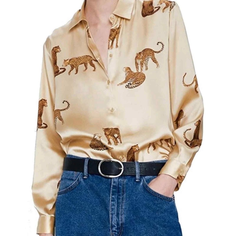 Zara Button Down Shirt Womens XS Beige Silky Leopard Print Long Sleeve